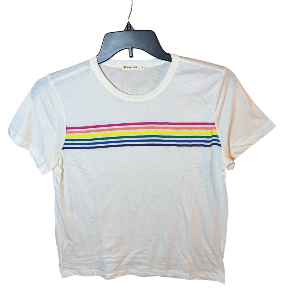 Marine Layer White Rainbow Stripe Graphic Cotton Blend Tee Women's XL - Picture 2 of 9